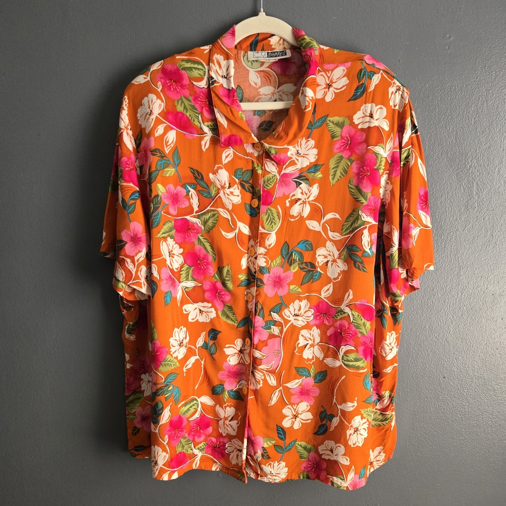 C.M. Shapes Tropical Vintage Orange Floral Button Up Collared Shirt 3X